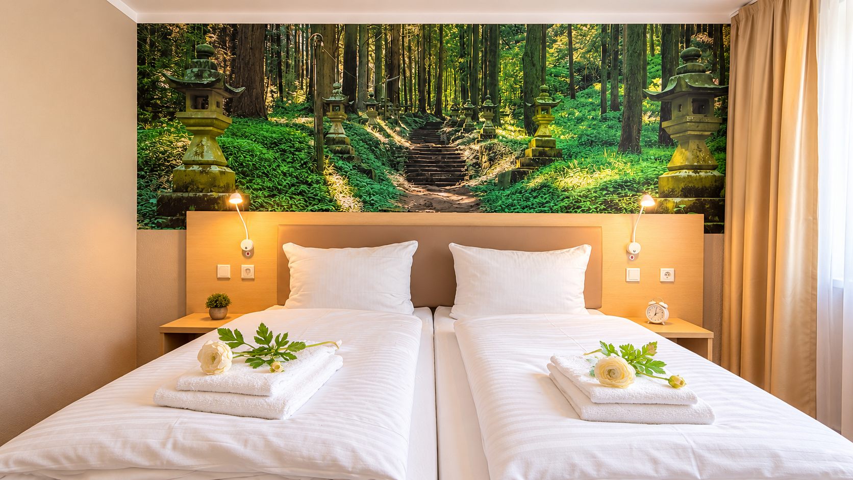 Double room with box-spring bed and forest wallpaper at 7o'Clock Hotel Laatzen