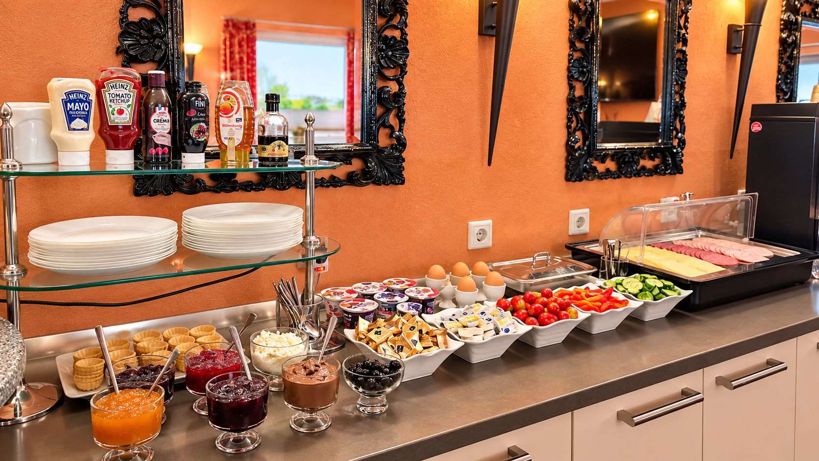 Frühstücksbuffet mit Obst, Käse, Wurst und Eiern