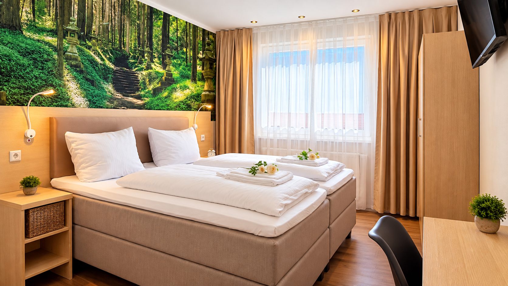 Double room with bed, desk and parquet floor at the 7o'Clock Hotel Laatzen