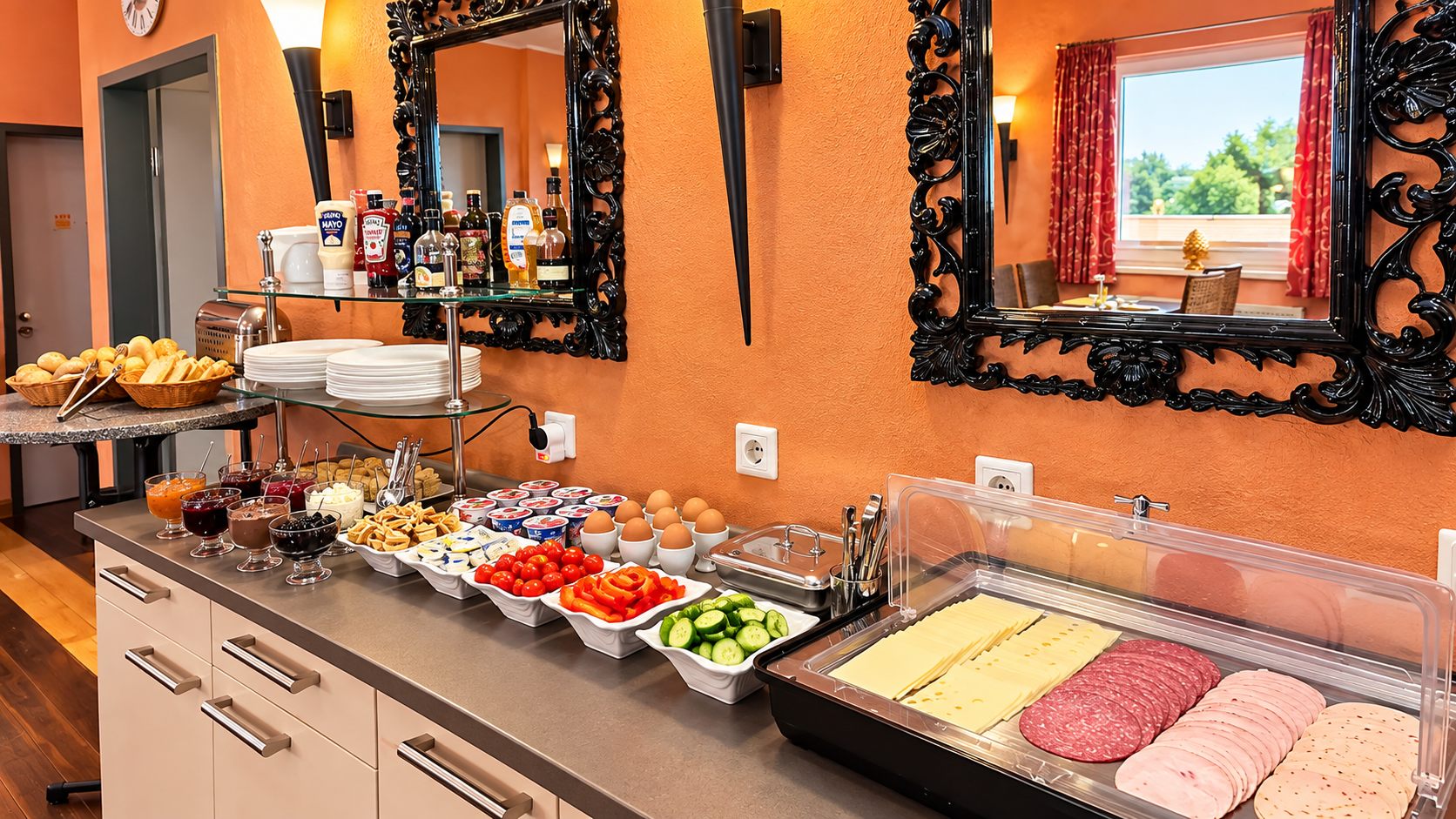 Frühstücksbuffet mit Brötchen, Aufschnitt und Joghurt